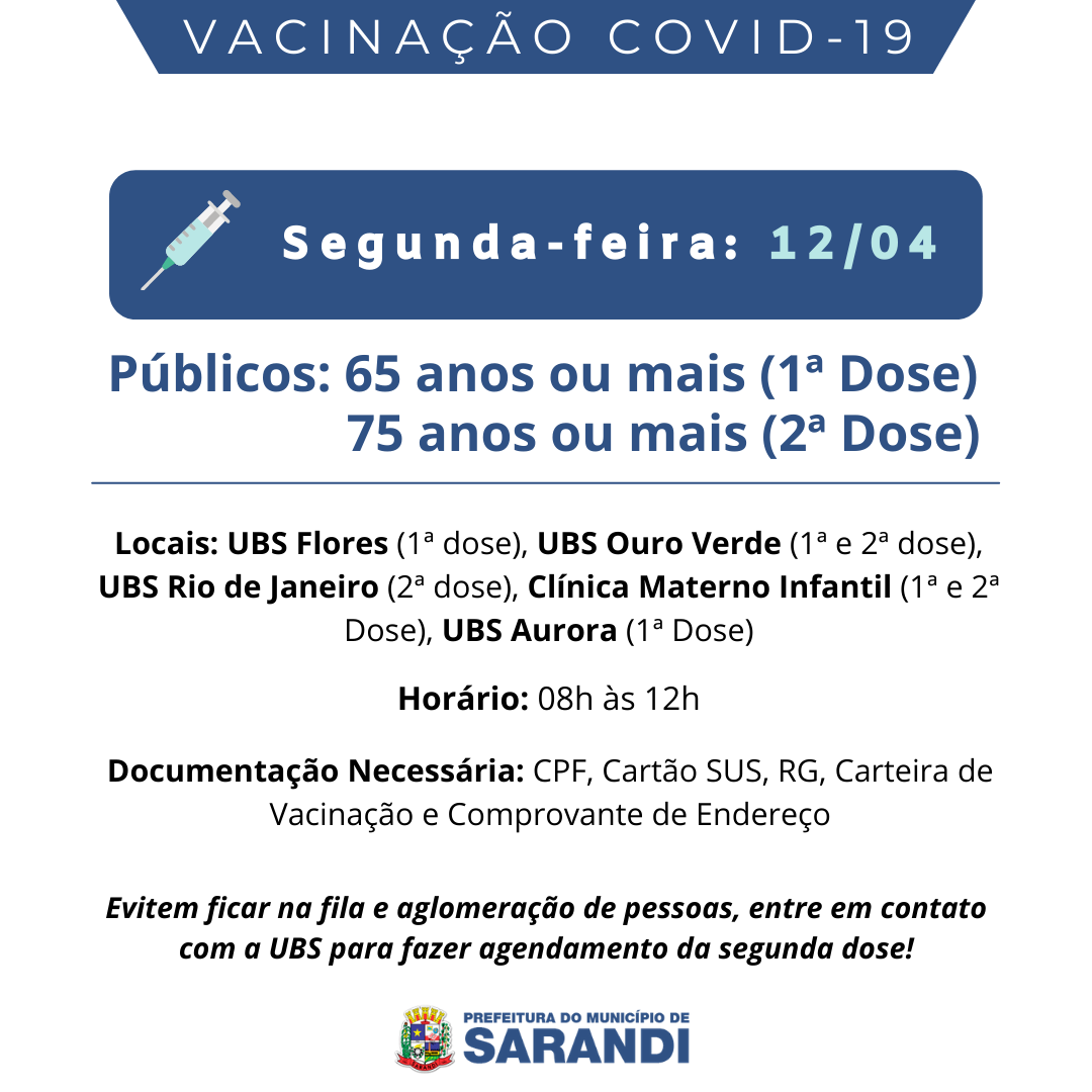 Cronograma de Vacinação contra Covid-19 - Segunda-feira - 12/04/2021